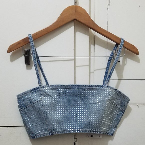 Nwt RHINESTONE TRF DENIM CROP TOP - Picture 6 of 8